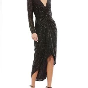 Mac Duggal 26549 Sequined High Low Front Twist Midi Dress Long-sleeved